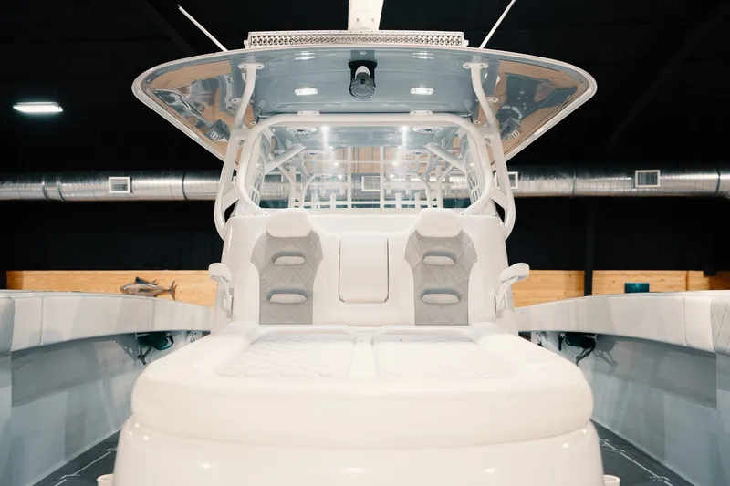 Slide: The Image of 2023 Freeman 42LR boat interior with modern seating and sleek design. - 79
