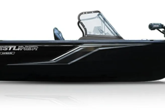 Slide: The Image of 2027 Crestliner 1650 Hawk WT boat, sleek black design with windshield and modern features. - 2