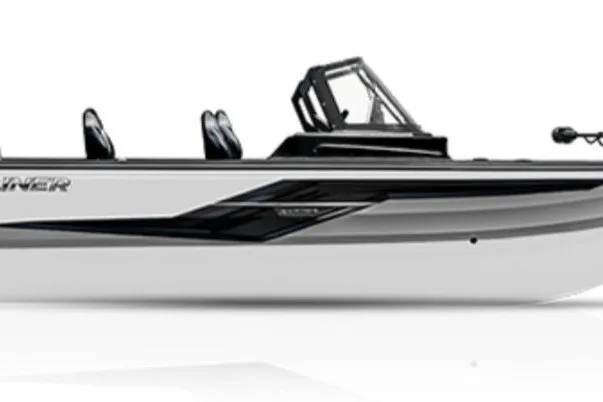 Slide: The Image of 2027 Crestliner 2050 Fish Hawk boat, sleek design, side view, black and white color scheme. - 2