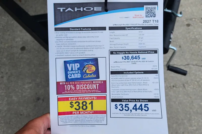 Slide: The Image of 2027 Tahoe T18 boat pricing sheet with features, specifications, and payment options. - 6