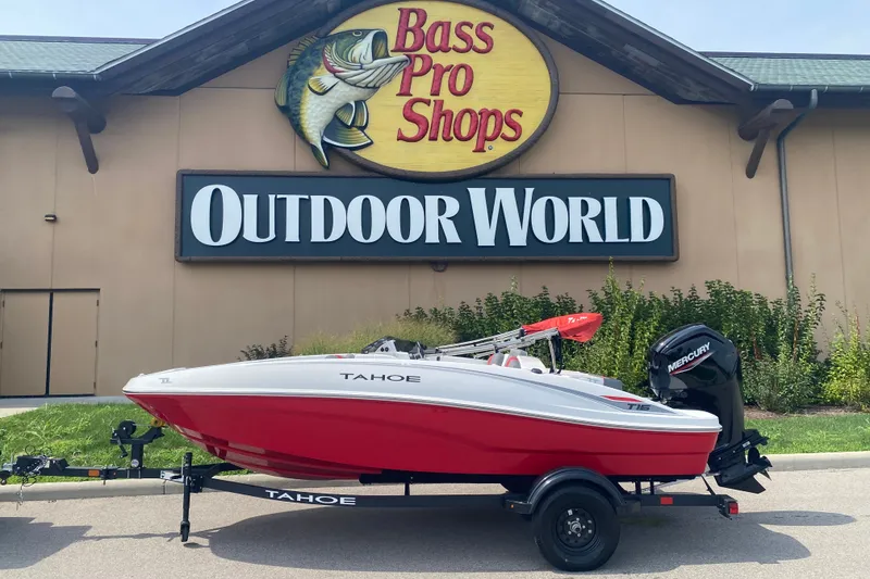The Image of 2027 Tahoe T16 boat displayed outside Bass Pro Shops Outdoor World. - 0