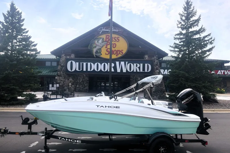 Slide: The Image of 2027 Tahoe T16 boat displayed outside Bass Pro Shops Outdoor World. - 7