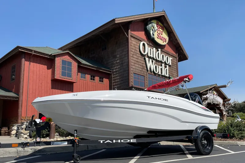 The Image of 2027 Tahoe T16 boat displayed outside Bass Pro Shops Outdoor World. - 0
