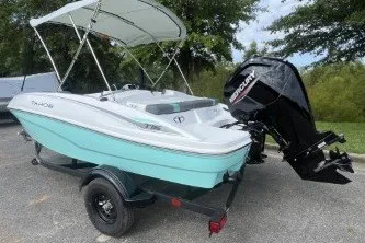 Slide: The Image of 2027 Tahoe T16 boat with Mercury engine on trailer, parked outdoors. - 7