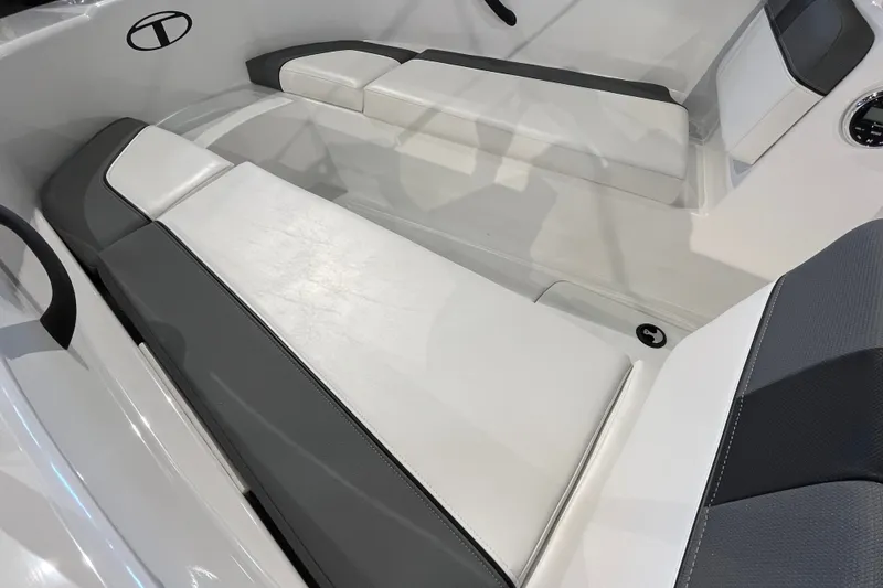 Slide: The Image of 2027 Tahoe T16 boat interior with sleek white and gray seating design. - 15