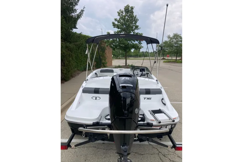 Slide: The Image of 2027 Tahoe T16 boat with outboard motor, parked on a street. - 6