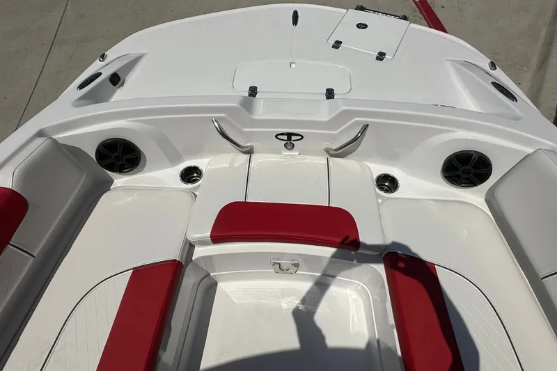 Slide: The Image of Interior of 2027 Tahoe 1950 boat with red and white seating. - 16