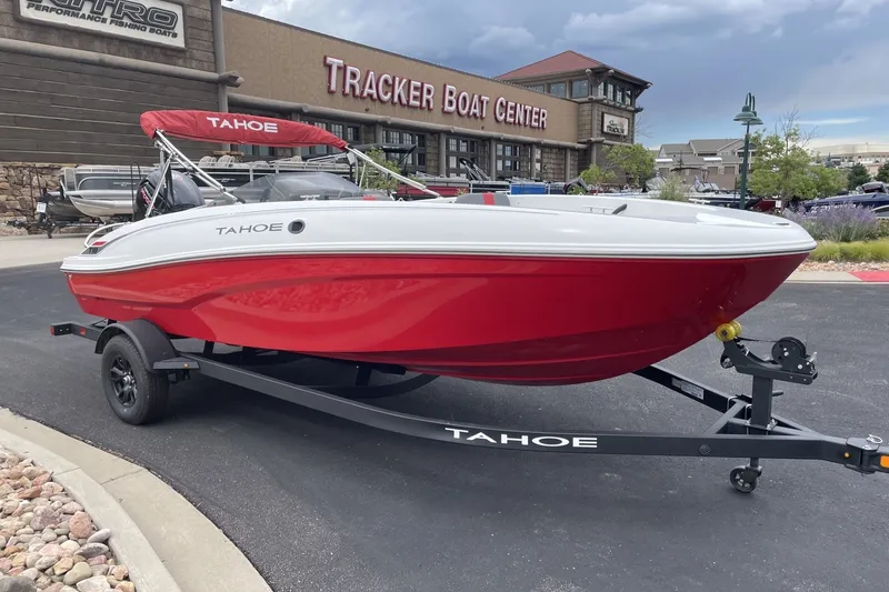 Slide: The Image of 2027 Tahoe T18 boat in red and white at Tracker Boat Center. - 3