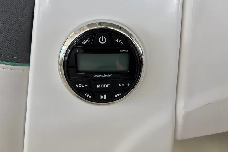 Slide: The Image of Audio control panel in a 2027 Tahoe T16 boat, featuring volume and mode buttons. - 13