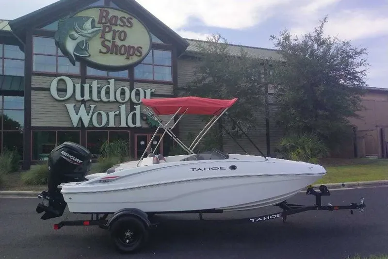 The Image of 2027 Tahoe T16 boat with red canopy outside Bass Pro Shops Outdoor World. - 0