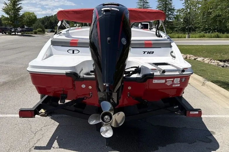 Slide: The Image of 2027 Tahoe T18 boat with outboard motor, parked on a sunny day. - 4