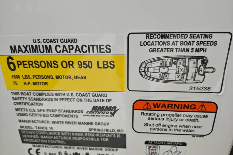 Slide: The Image of Boat capacity label for Tahoe T16, 2027: 6 persons or 950 lbs, 75 HP motor. - 18