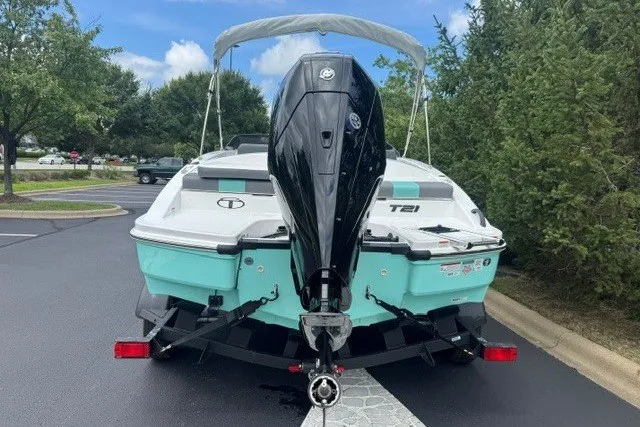 Slide: The Image of 2027 Tahoe T21 boat with outboard motor on a trailer, parked in a scenic area. - 5