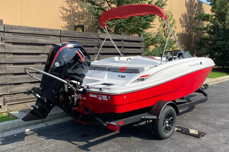 Slide: The Image of 2027 Tahoe T18 boat with red hull and outboard motor on trailer. - 5