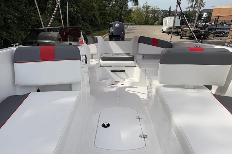 Slide: The Image of 2027 Tahoe T18 boat interior with sleek seating and modern design. - 19