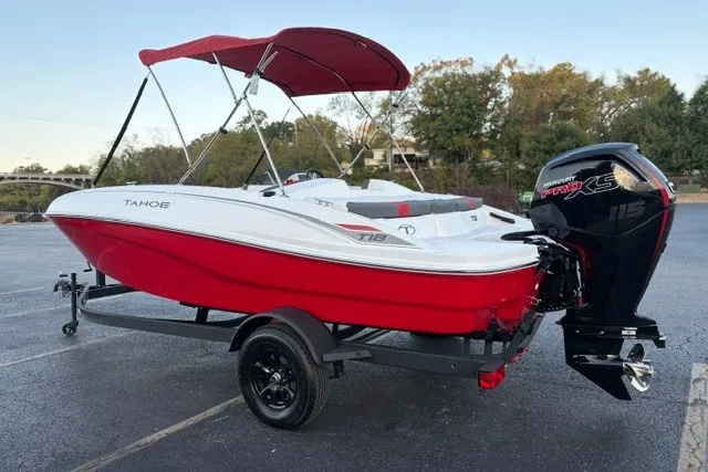 Slide: The Image of 2027 Tahoe T18 boat with red hull and canopy, parked on a trailer. - 9