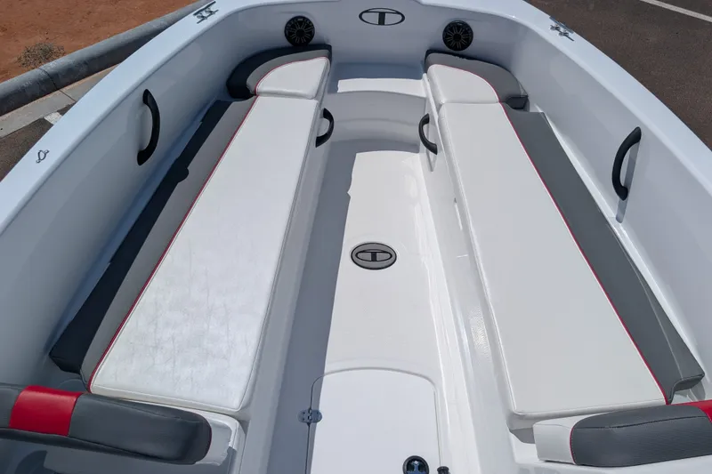 Slide: The Image of Interior view of a 2027 Tahoe T18 boat, featuring sleek seating and modern design. - 11