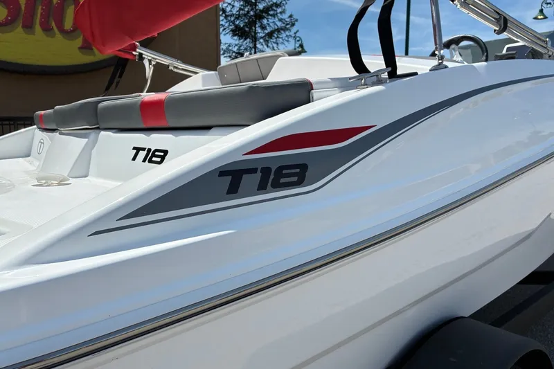Slide: The Image of 2027 Tahoe T18 boat with sleek design and modern graphics. - 2
