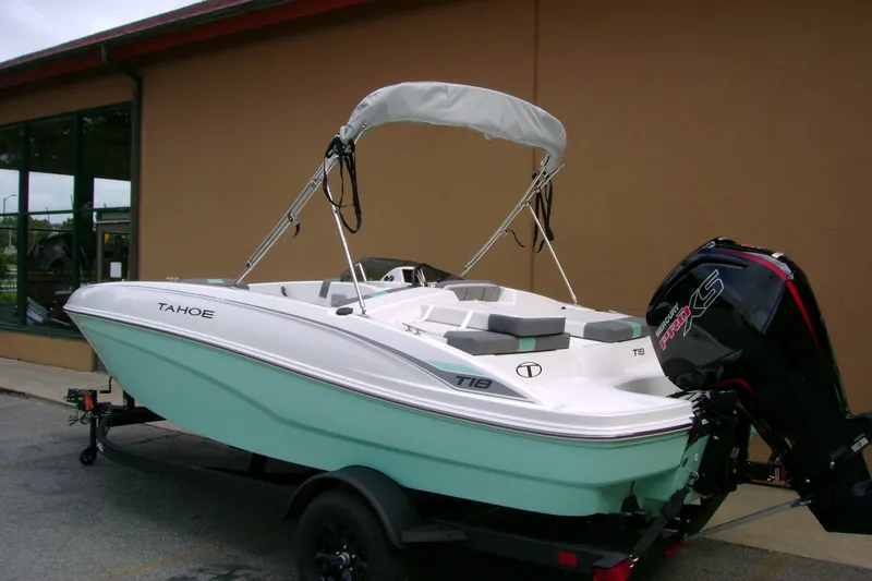 Slide: The Image of 2027 Tahoe T18 boat with outboard motor on trailer, parked outside a building. - 5