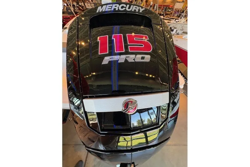 Slide: The Image of 2027 Tahoe T18 boat with Mercury 115 Pro engine in showroom. - 3