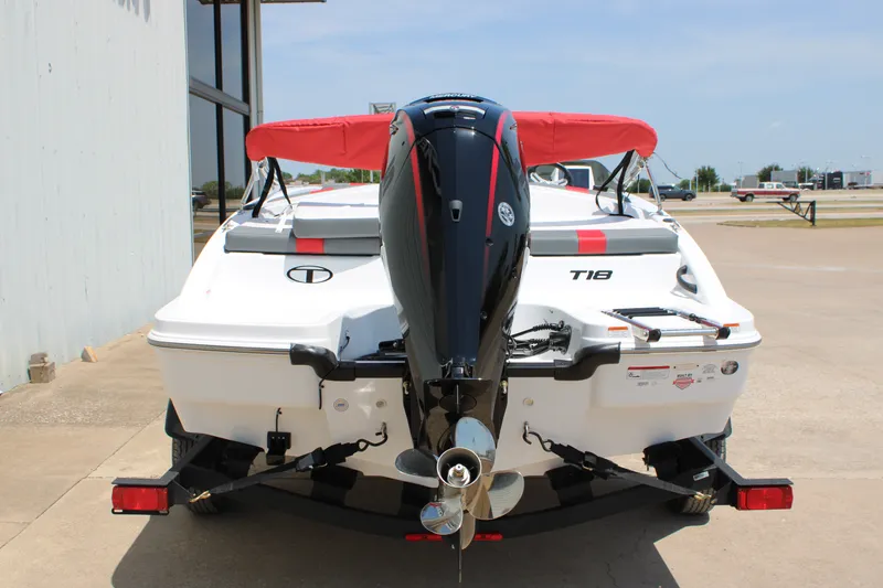Slide: The Image of 2027 Tahoe T18 boat with outboard motor, parked on a trailer, rear view. - 5