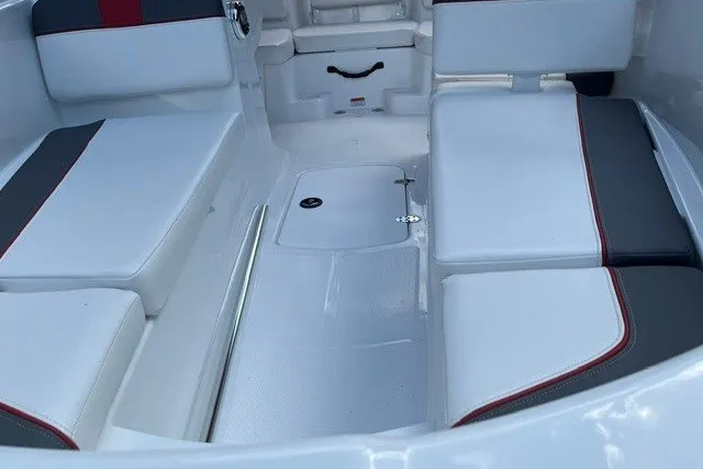 Slide: The Image of Interior seating of 2027 Tahoe T16 boat with white and gray cushions. - 5