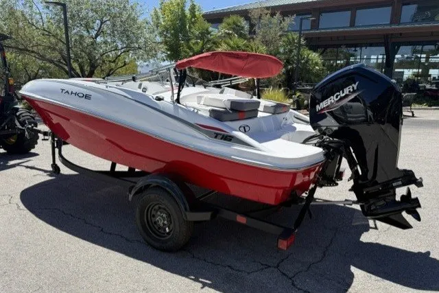 Slide: The Image of 2027 Tahoe T16 boat with red hull and Mercury outboard motor on trailer. - 3
