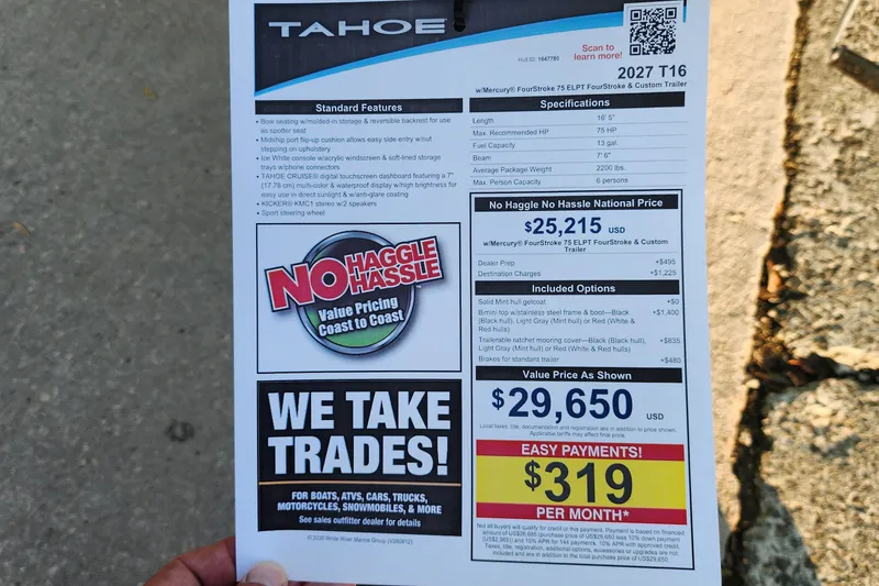 Slide: The Image of 2027 Tahoe T16 boat flyer with pricing, features, and trade-in options. - 7