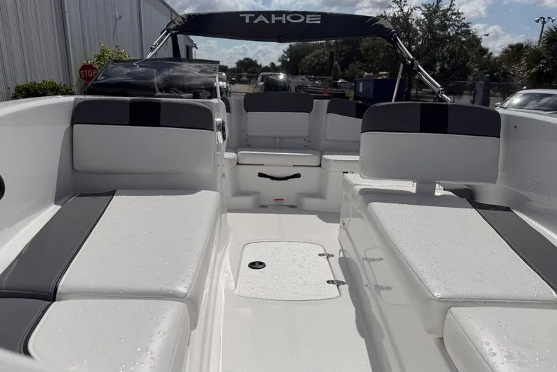 Slide: The Image of 2027 Tahoe T16 boat interior with sleek seating and modern design. - 64