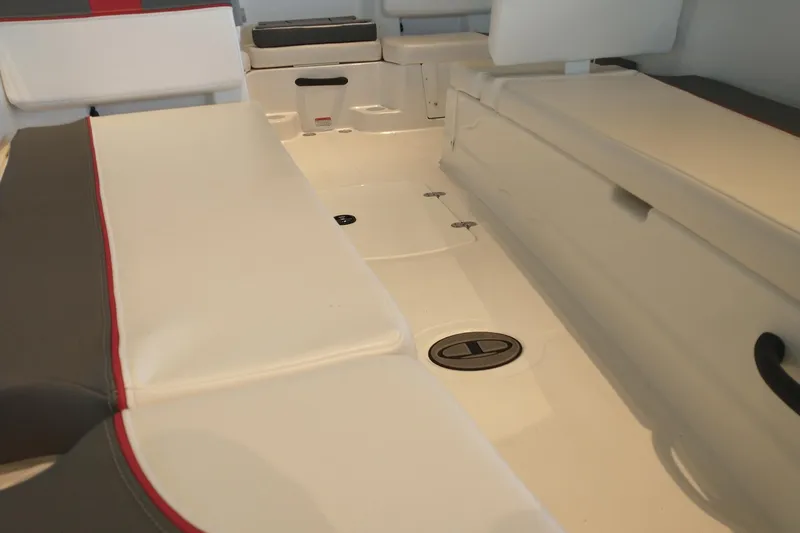 Slide: The Image of Interior of 2027 Tahoe T18 boat with white and gray seating. - 2