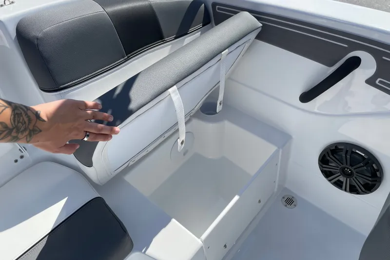 Slide: The Image of Interior of 2027 Tahoe T21 boat showing seating and storage compartment. - 15