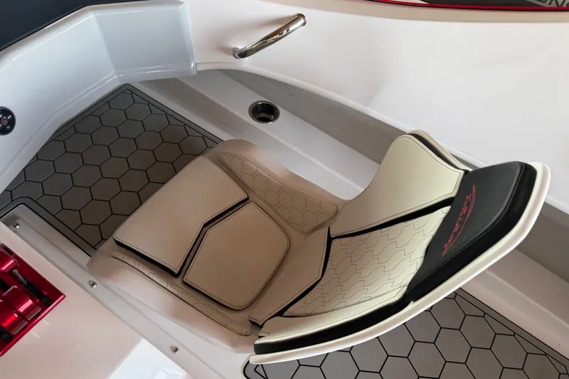 Slide: The Image of Luxurious seating in 2024 Trick 23 Widebody boat with hexagonal floor design. - 16