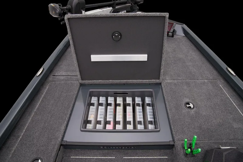 Slide: The Image of Manufacturer Provided Image: Manufacturer Provided Image: 2025 Ranger RT178 boat with open storage compartment, showcasing organized tackle boxes. - 25