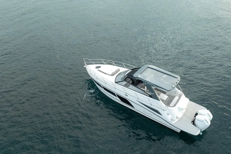 Slide: The Image of Aerial view of 2025 Valiatt 380GT luxury boat cruising on open water. - 2
