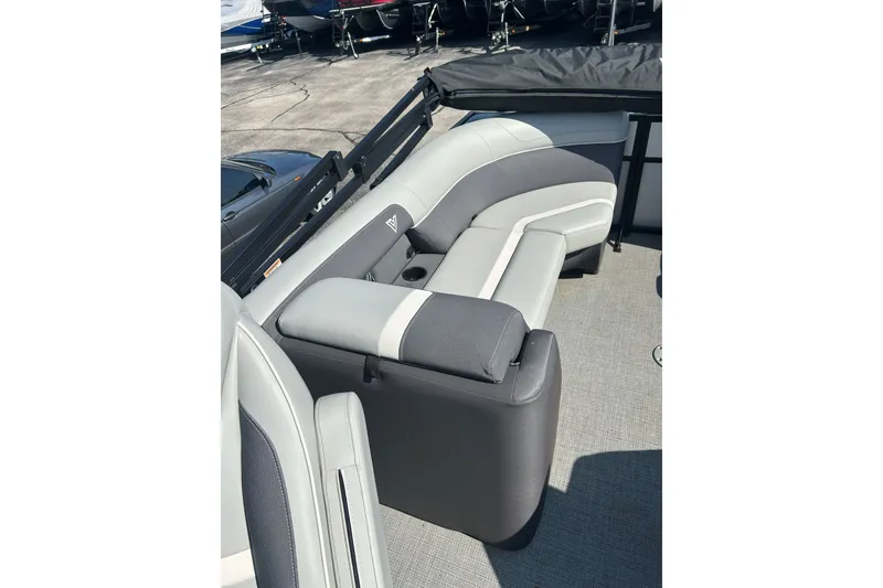 Slide: The Image of Luxurious seating on 2026 Viaggio Lago X-U 24 boat, featuring sleek gray upholstery. - 7