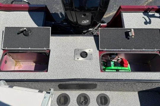 Slide: The Image of 2018 Ranger VS1670 SC boat storage compartments with open lids and visible equipment. - 8