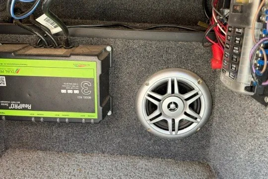 Slide: The Image of Audio system setup in a 2018 Ranger VS1670 SC boat, featuring an amplifier and speaker. - 18