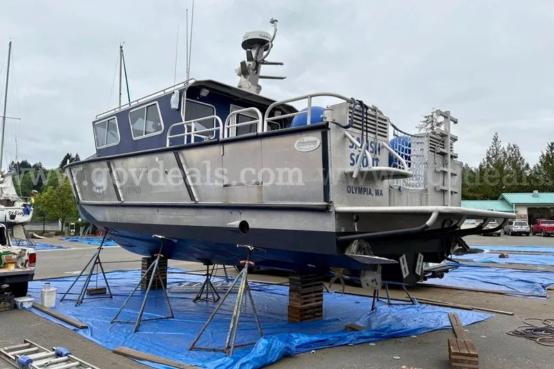 Slide: The Image of 2019 Armstrong Marine 38 Monohull boat on stands, Olympia, WA, outdoor setting. - 52
