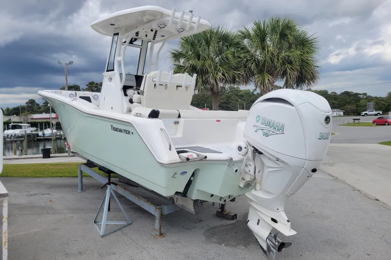 The Image of 2025 Tidewater 232 LXF boat with Yamaha 300 engine, displayed outdoors near palm trees. - 1
