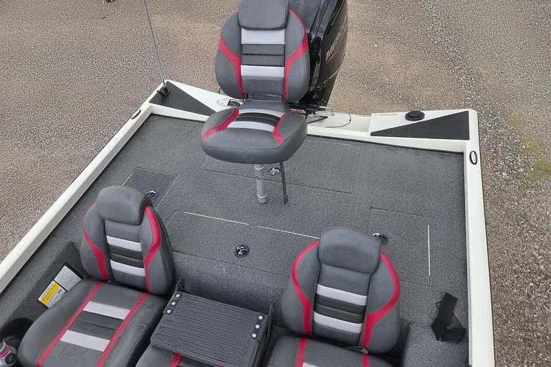 Slide: The Image of 2023 Ranger RT178 boat interior with gray and red seating arrangement. - 14