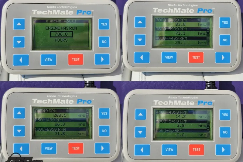 Slide: The Image of TechMate Pro engine diagnostic display showing RPM and engine hours for a 2003 Baja 342. - 92