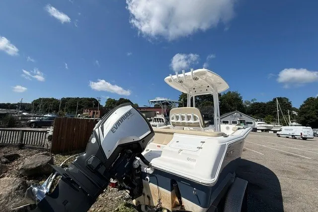 Slide: The Image of 2018 Tidewater 220 LXF boat with Evinrude engine in a marina setting. - 5