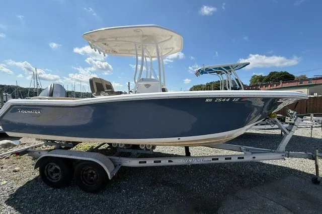 The Image of 2018 Tidewater 220 LXF boat on trailer under clear blue sky. - 1