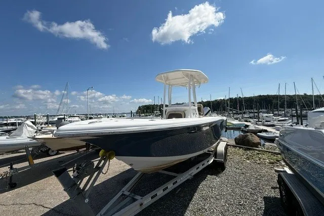 Slide: The Image of 2018 Tidewater 220 LXF boat on trailer at marina under clear blue sky. - 8