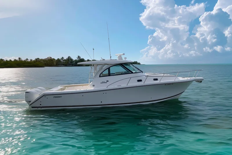 The Image of 2018 Pursuit OS 385 Offshore boat on clear blue water under a partly cloudy sky. - 0