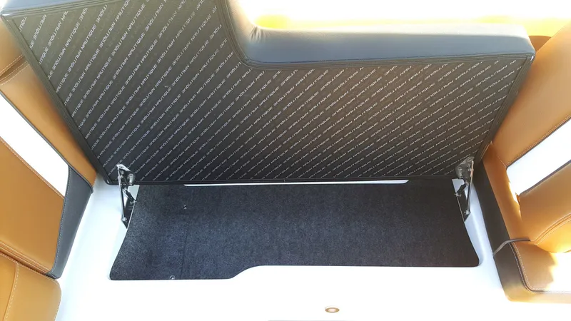 Slide: The Image of The rear seat of a 2017 Nautique Super Air Nautique 210 with brown and black upholstery. - 16