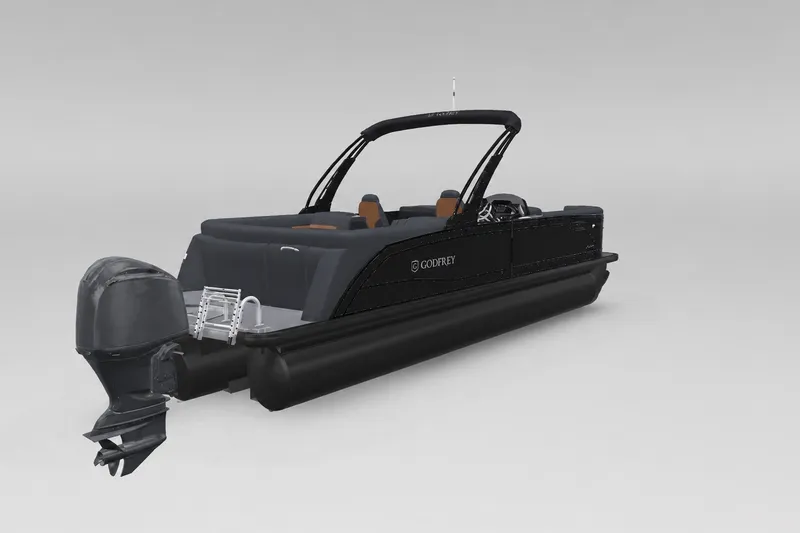 Slide: The Image of 2027 Godfrey Monaco 255 ULC pontoon boat with sleek design and powerful outboard motor. - 3
