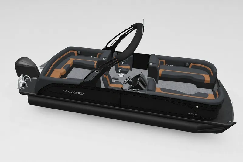 Slide: The Image of 2027 Godfrey Monaco 255 ULC pontoon boat with sleek design and modern seating. - 2