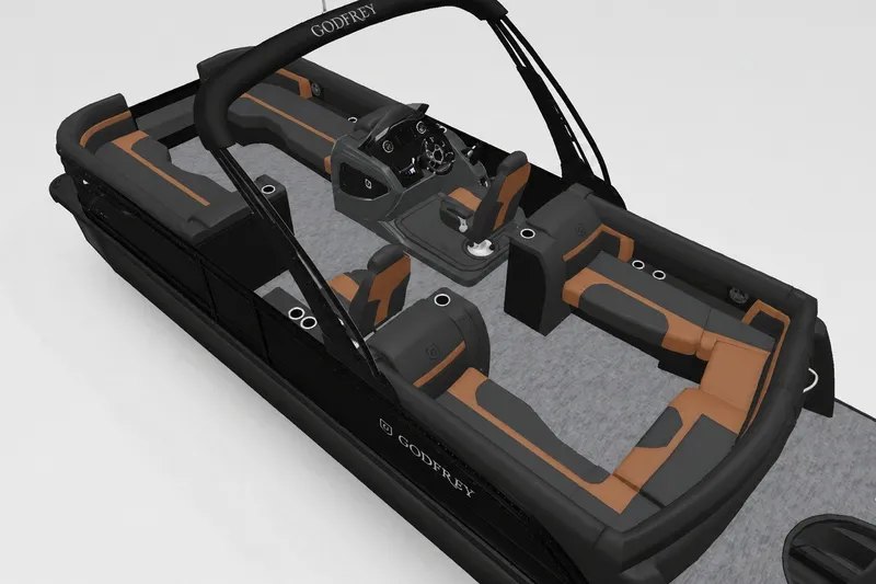 Slide: The Image of 2027 Godfrey Monaco 255 ULC pontoon boat with sleek black and tan interior design. - 7