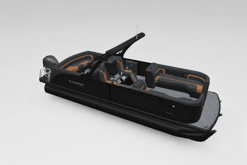 The Image of 2027 Godfrey Monaco 255 ULC pontoon boat with sleek black design and spacious seating. - 1